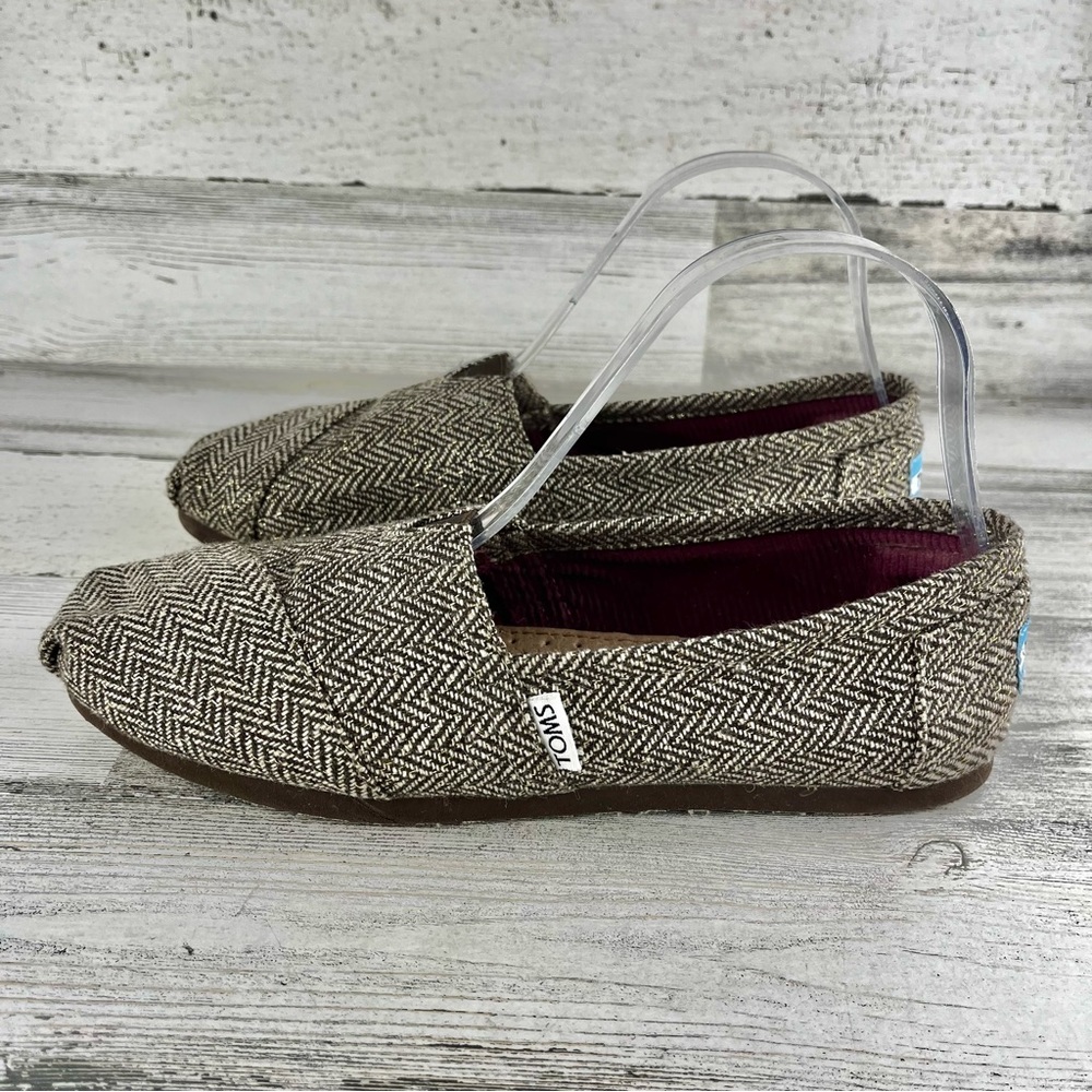 TOMS Brown Tweed Gold Metallic Espadrille Shoes 8